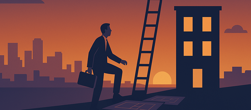 Best syndication attorney article header—layered dusk city, ladder climb over blueprint stepping stones.