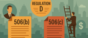 ChatGPT said: Regulation D illustration — city skyline with 506(b) and 506(c) documents and a businessman climbing a ladder toward compliance.