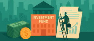 Investment fund illustration — businessman climbing ladder toward chart beside an investment fund building, with money stack, coin, and icons for business, technology, and art in a cityscape.