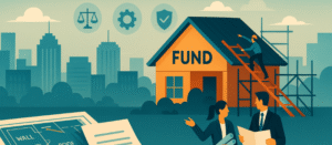 Fund structuring illustration — professionals reviewing blueprints in front of a partially built house labeled “Fund,” with scaffolding, ladder, and foundation plans symbolizing legal planning and strong structure.