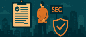 Man standing on shield platform under starry sky with SEC sign, checklist, and checkmark shield, symbolizing compliance and protection.