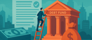 Debt fund illustration — businessman climbing ladder toward an orange debt fund building with money stack, contract, and dollar bag in a teal cityscape.