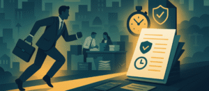 Businessman running along a glowing golden path toward organized documents with compliance icons and stopwatch, symbolizing speed and precision, with a city skyline and team working in the background.