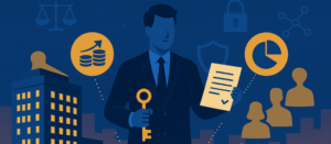 Businessman holding a key and a contract stands before an office building at dusk, surrounded by icons of coins, charts, scales, and shields, symbolizing raising capital while maintaining control and legal protection.