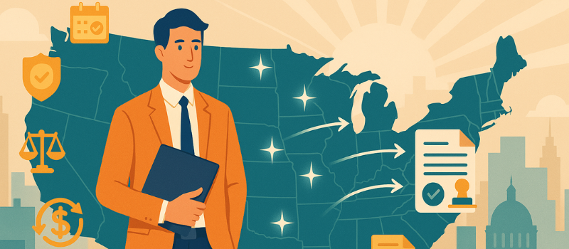 ChatGPT said: Businessman holding a folder stands before a U.S. map with glowing states, arrows pointing to documents, and icons of scales, shield, calendar, and dollar sign, symbolizing multi-state Blue Sky law compliance and coordinated filings.