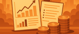 Financial illustration showing stacked documents with charts and bullet points, rising graph, pie chart, and piles of coins, symbolizing predictable legal costs and balanced financial planning in warm orange tones.Financial illustration showing stacked documents with charts and bullet points, rising graph, pie chart, and piles of coins, symbolizing predictable legal costs and balanced financial planning in warm orange tones.
