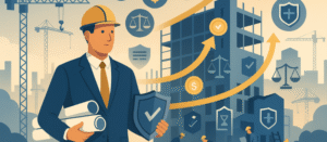 Business professional in a suit and hard hat holding blueprints and a shield stands before an active construction site with cranes, workers, and a partially built structure, surrounded by icons of clocks, scales, shields, and dollar signs symbolizing risk management, legal protection, and financial oversight.
