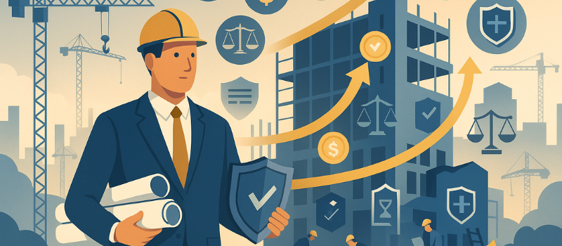 Business professional in a suit and hard hat holding blueprints and a shield stands before an active construction site with cranes, workers, and a partially built structure, surrounded by icons of clocks, scales, shields, and dollar signs symbolizing risk management, legal protection, and financial oversight.