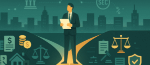Business professional standing at crossroads holding a document, with icons of houses, coins, and scales on one side for lending, and gavel, shield, and compliance papers on the other for securities, symbolizing balance between both fields.
