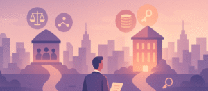 Businessman standing at a forked path holding a document, choosing between two buildings representing different fund structures, with icons of scales, coins, keys, and network nodes against a purple and coral city skyline.