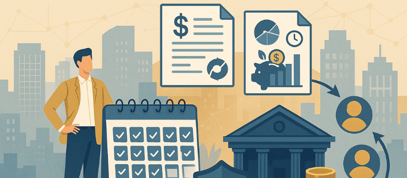 ChatGPT said: Businessman standing beside a calendar with monthly checkmarks, bank building, shield, coins, and investor icons, symbolizing structured private credit funds with consistent monthly income and regulatory protection.