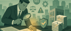 Man in suit examines cracked document with magnifying glass, glowing gaps symbolizing legal issues, surrounded by compliance icons like scales, SEC badge, alert sign, and shield for protection.