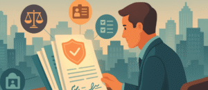 Professional man in a teal suit reviewing a stack of legal documents at a desk, with glowing icons of scales, ID card, checklist, and lock around him, symbolizing thorough investor agreements and compliance.