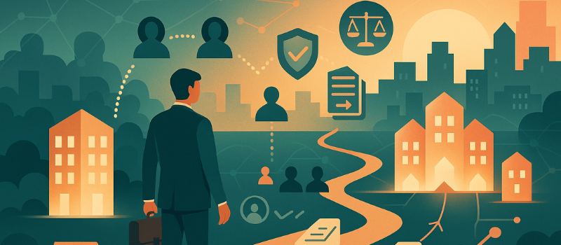 Businessman with briefcase walking along a winding path from one glowing building to multiple illuminated buildings, surrounded by icons of investors, legal documents, scales, and shields, symbolizing conversion from a single-asset syndication to a blind-pool fund.