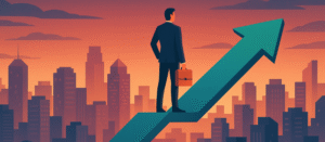 Businessman standing confidently on a rising teal arrow pointing upward toward a city skyline at sunset, symbolizing growth, progress, and a successful comeback.