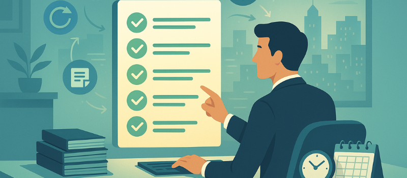 Businessman in an office pointing to a glowing digital checklist on his desk, surrounded by icons of scales, shields, documents, and arrows, symbolizing systematic compliance, organization, and legal protection.