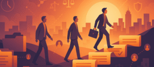 Business professionals climbing glowing document-shaped steps toward a city skyline at sunset, symbolizing growth, consistency, and long-term partnership, surrounded by icons for law, networks, and progress.