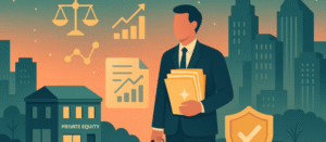 Business professional holding glowing documents stands before a small private equity building, with city skyline, charts, scales, and shield icons symbolizing quality, compliance, and investor confidence.